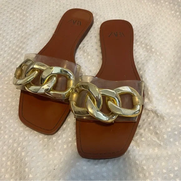 👡ZARA Sandal Bundle Size 39 | Gold Embellished + Chain Slide Sandals - Picture 6 of 12